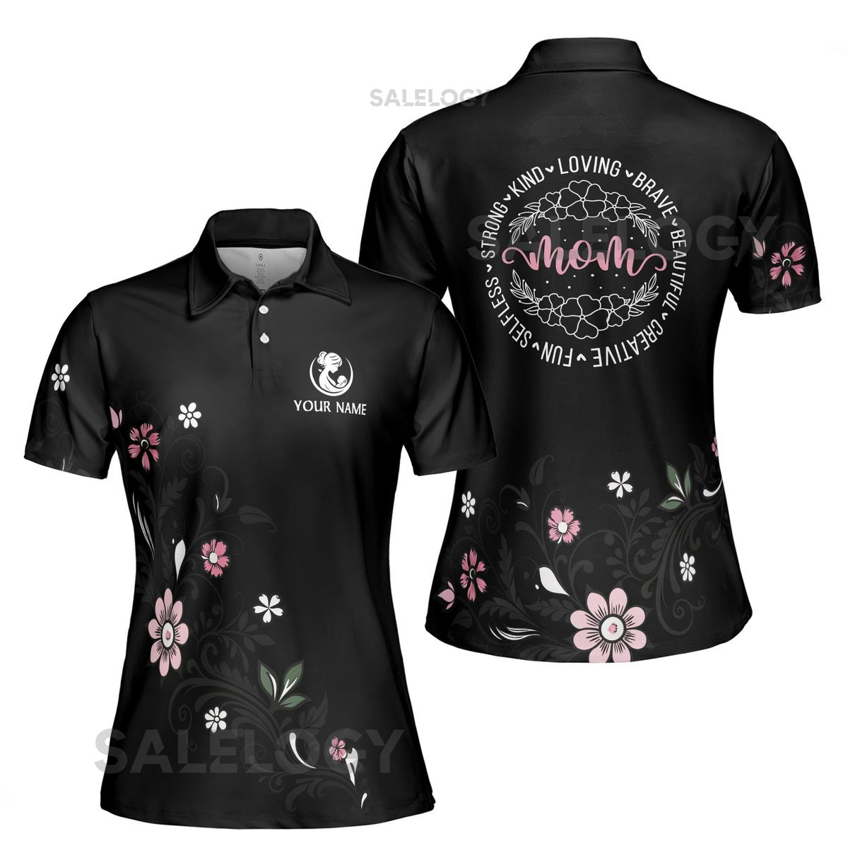 Customize Name Mom Adjectives Floral Pattern Black Women39s Polo Shirt S-5XL_313