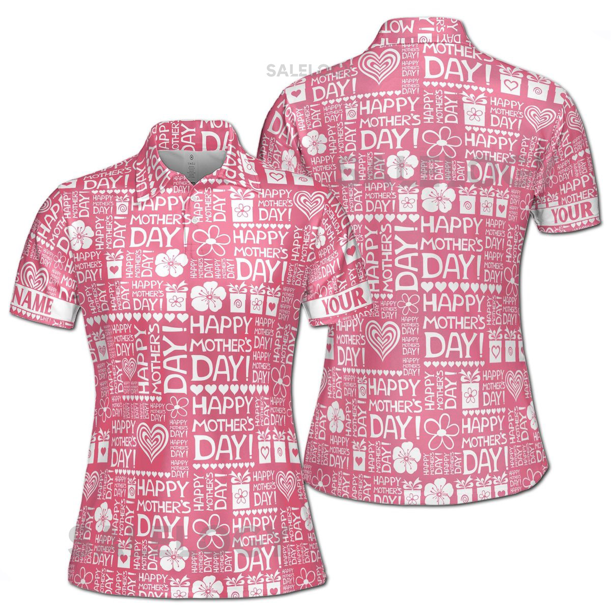 Customize Name Happy Mom Floral Heart Presents Pattern Pink White Women39s Polo Shirt S-5XL_295