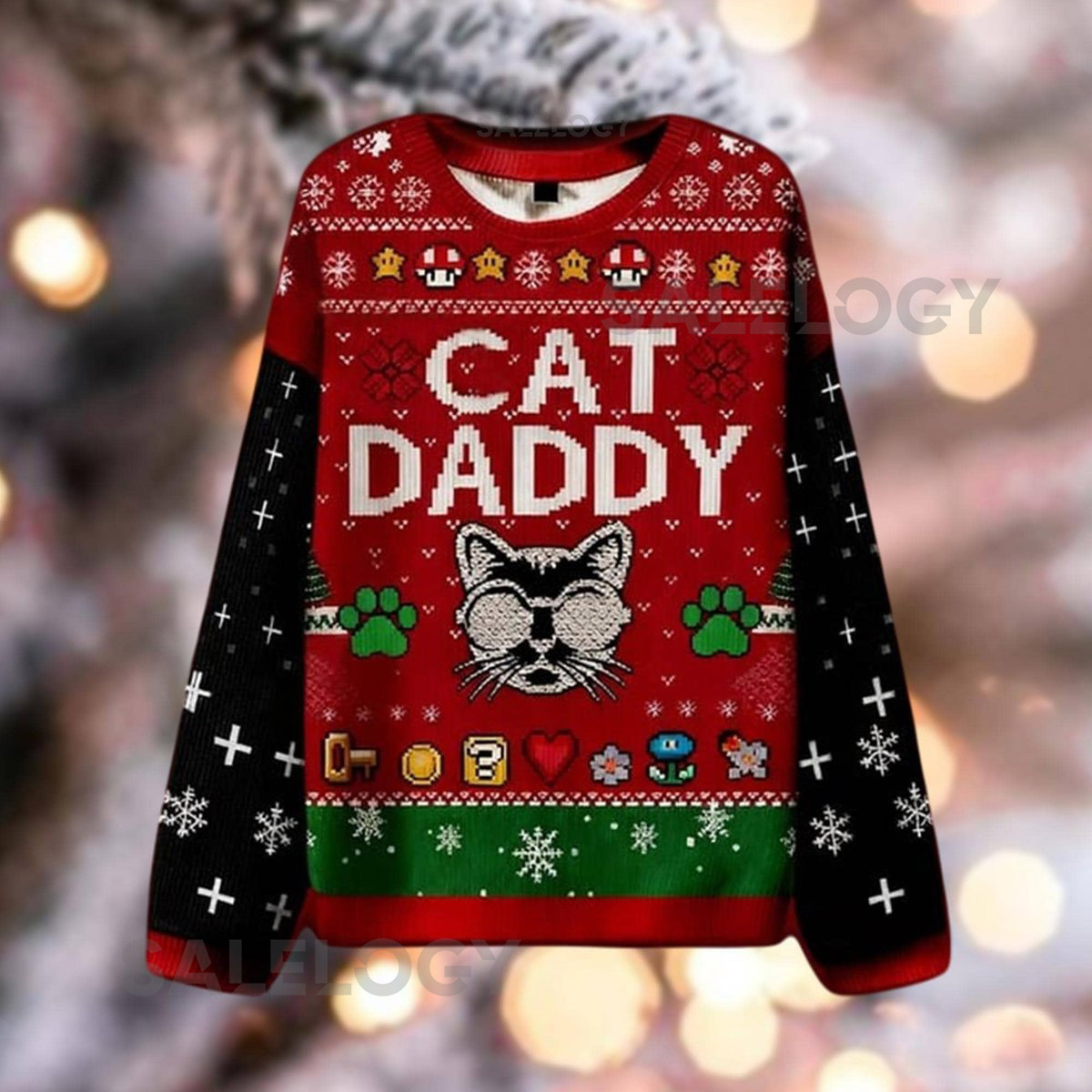 Cat Daddy Ugly Christmas Sweater Funny Pet Lover Pixel Game Xmas Sweatshirt Gift for Dad Holiday Crewneck Cat Owner Present