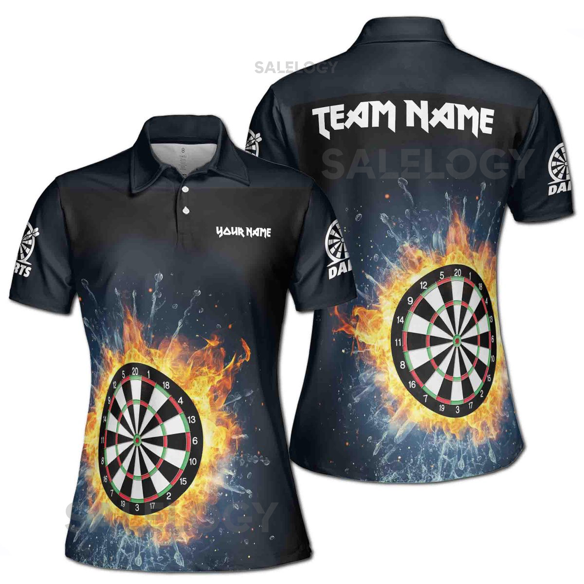 Customize Name Darts Board Fire Water Black Women39s Polo Shirt S-5XL_276