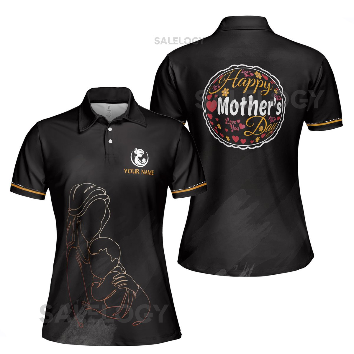 Customize Name Happy Mom Baby Floral Hearts Pattern Black Women39s Polo Shirt S-5XL_293
