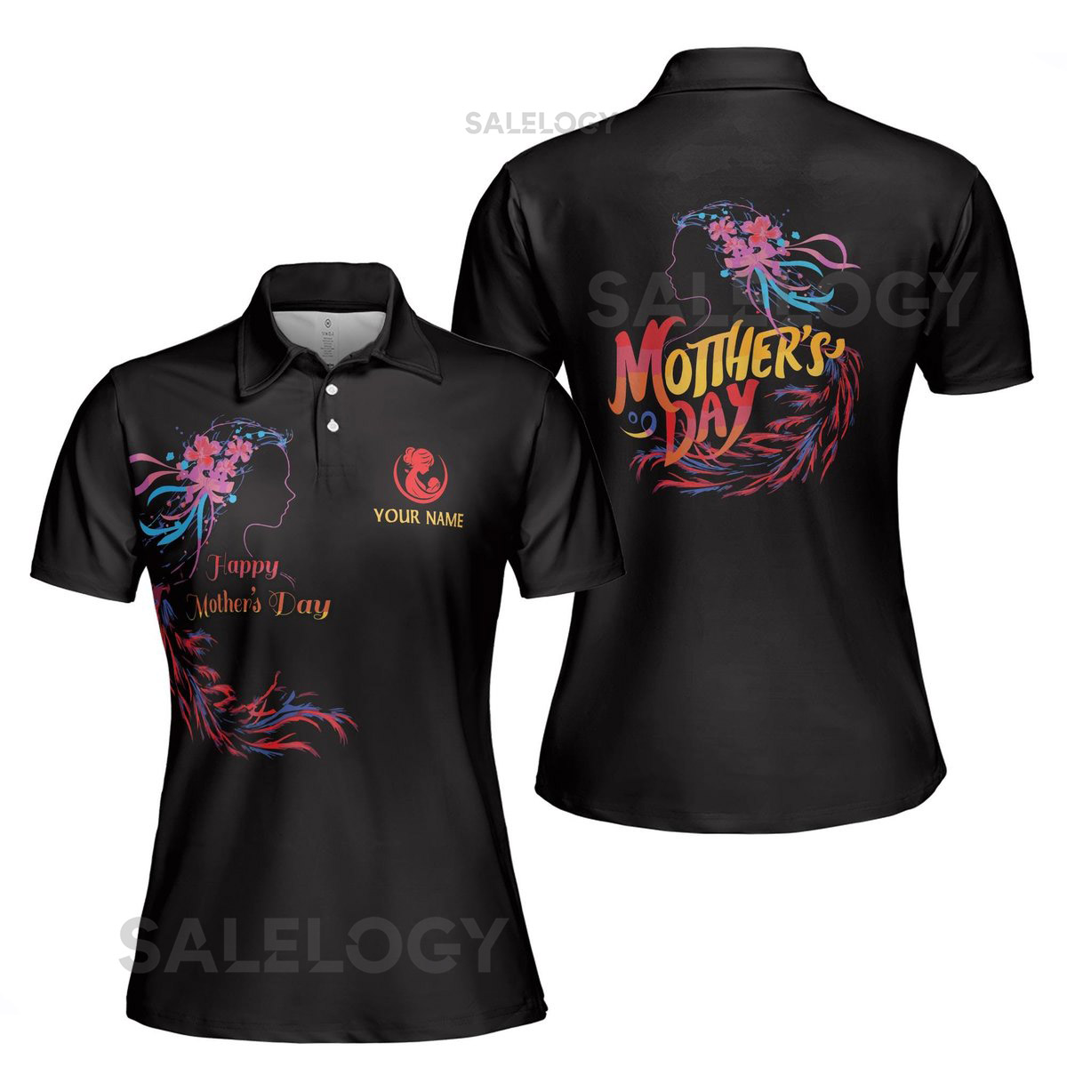 Customize Name Mother Baby Floral Woman Black Women39s Polo Shirt S-5XL_343