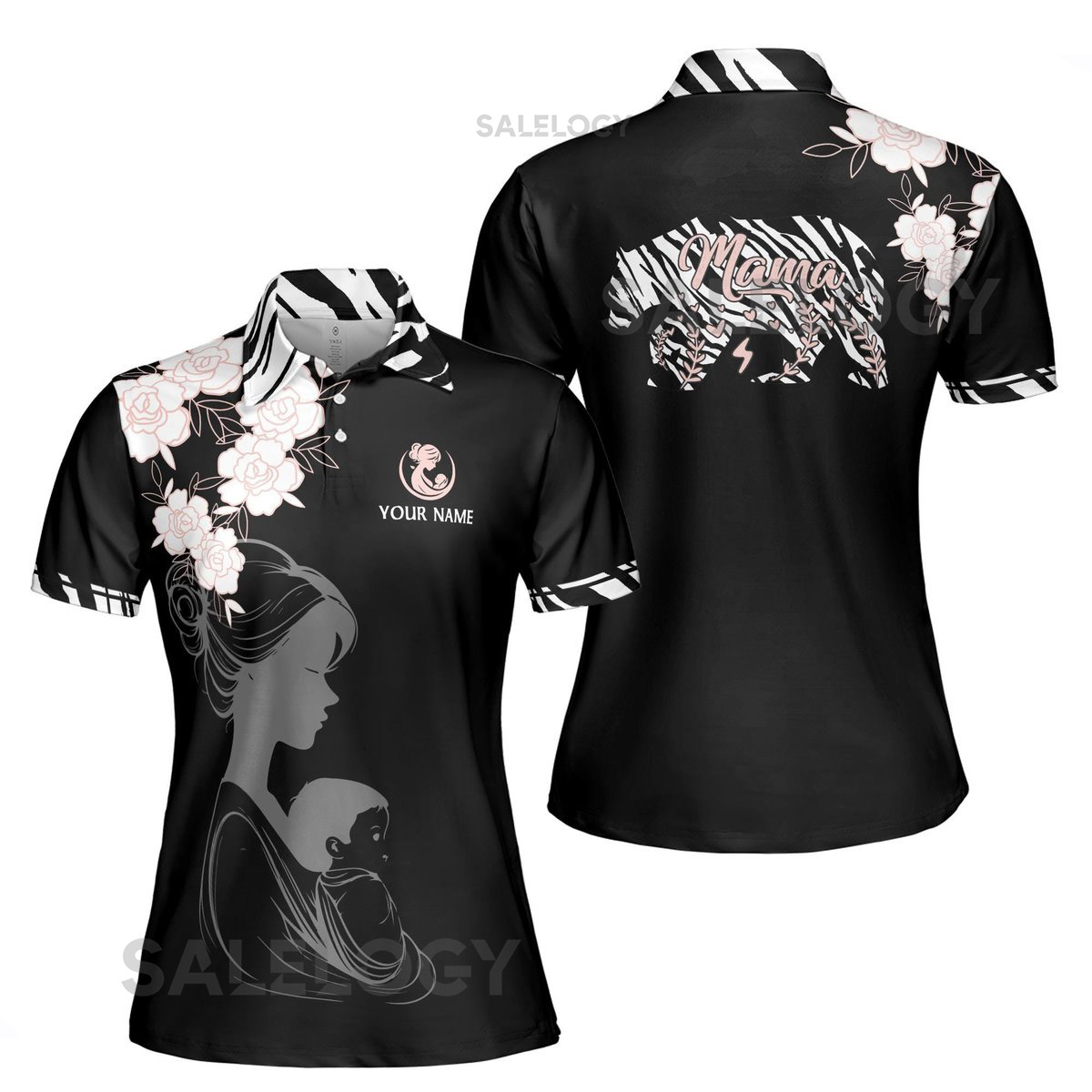 Customize Name Mama Bear Baby Floral Pattern Black Women39s Polo Shirt S-5XL_307