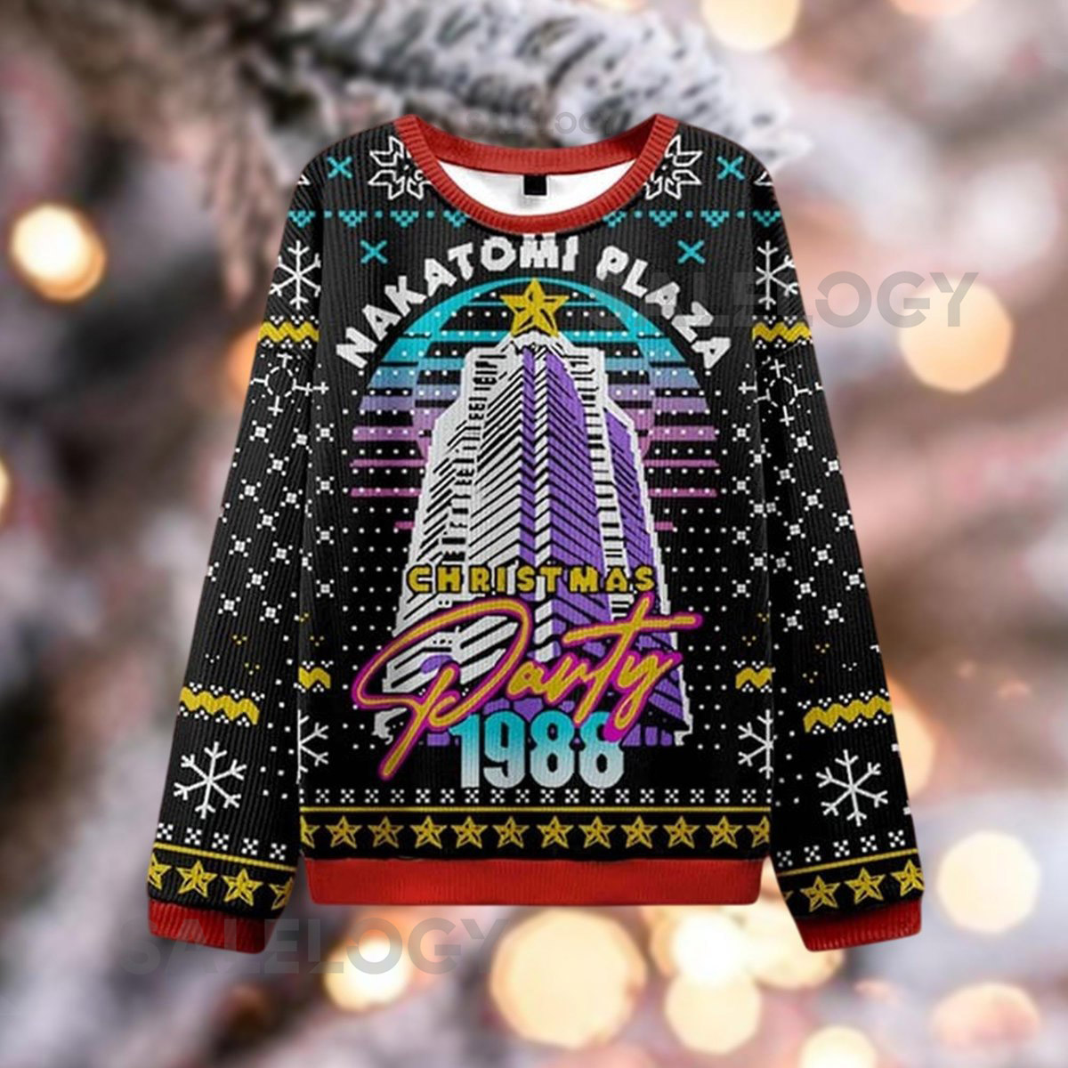 Retro 1988 Christmas Party Sweater Action Movie Holiday Crewneck 80s Ugly Xmas Sweatshirt Tower Building for HimDad