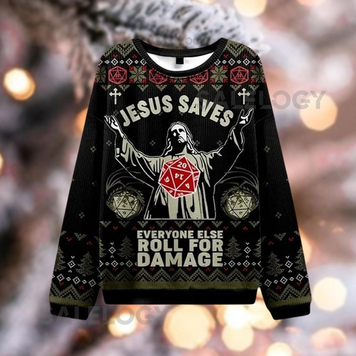 Jesus Saves Roll for Damage Sweater Funny Christian D20 Xmas Sweatshirt Gamer Ugly Holiday Crewneck  for HimDad