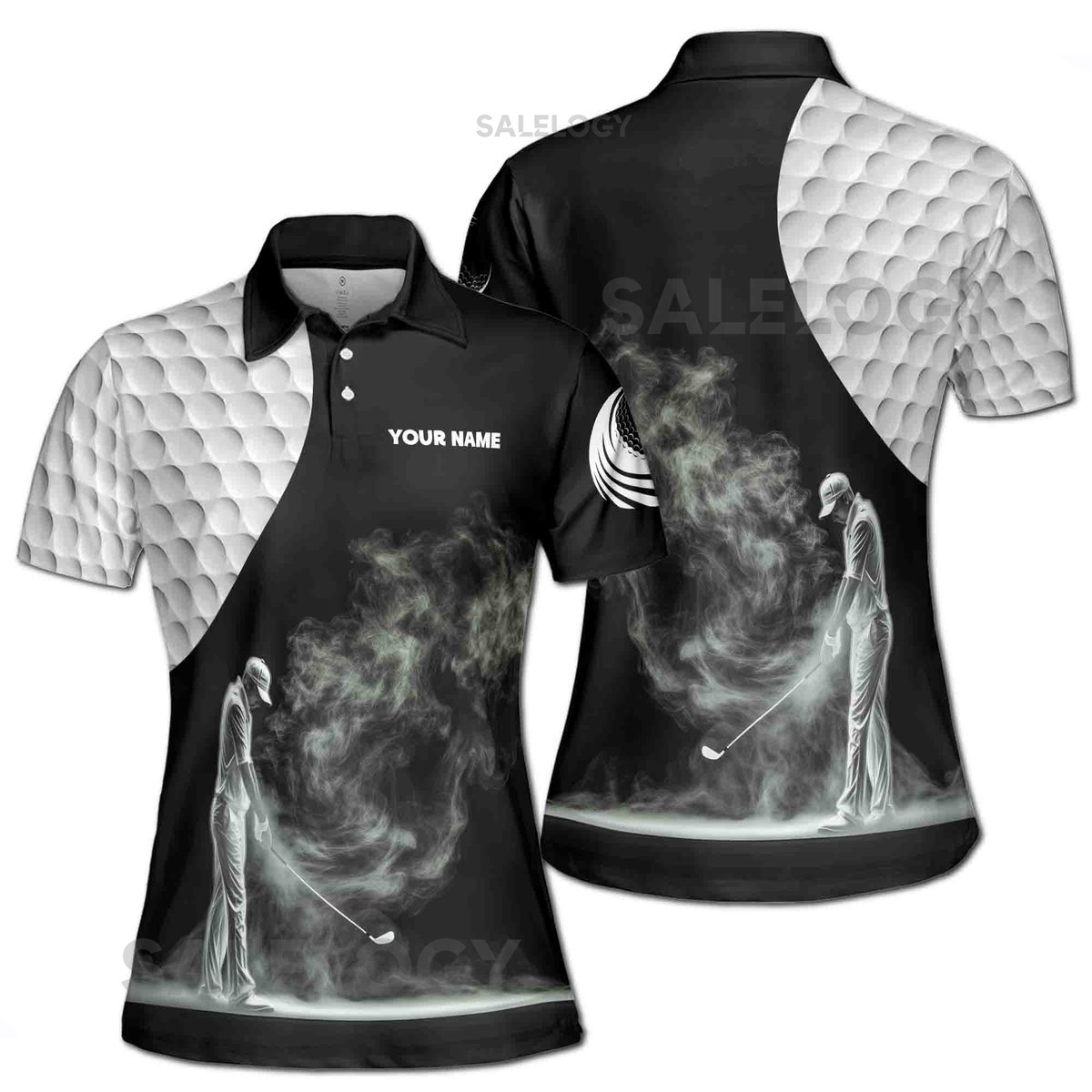 Customize Name Golf Ball Golfer Smoke Silhouette Black White Women39s Polo Shirt S-5XL_285