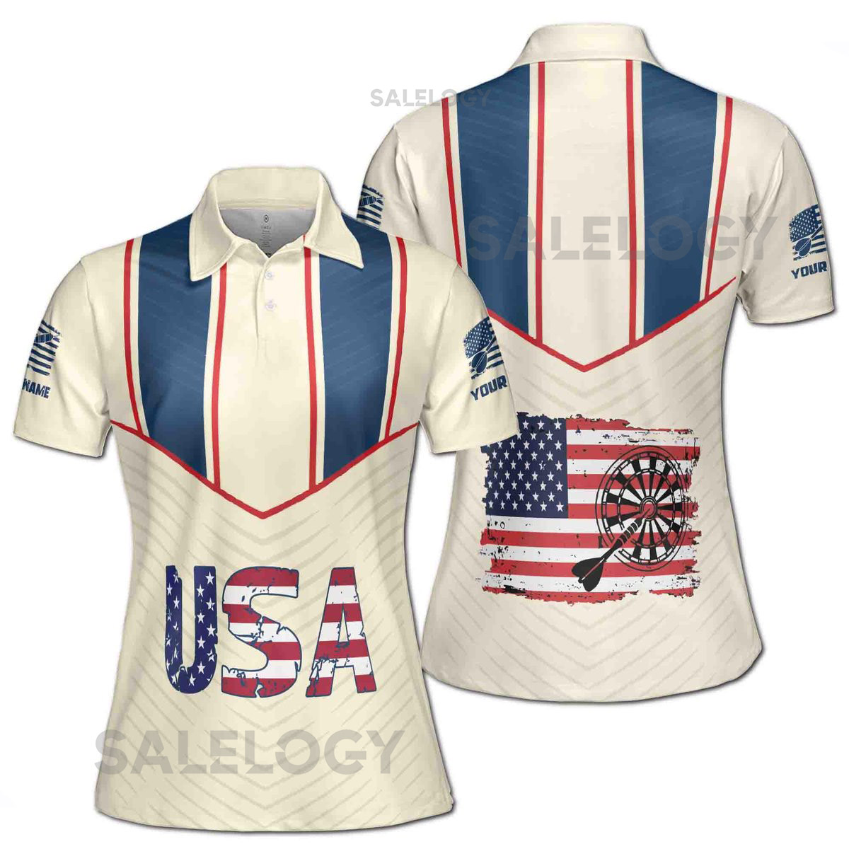 Customize Name Darts Board USA Flag Cream Women39s Polo Shirt S-5XL_278