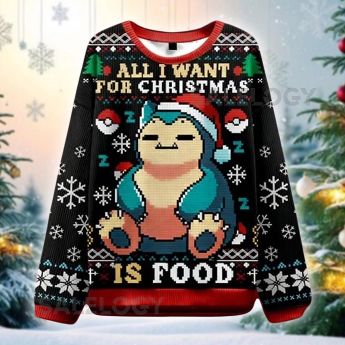 Sleeping Monster All I Want Is Food Ugly Christmas Sweater Funny Gamer Xmas Holiday Sweatshirt for Food Lovers