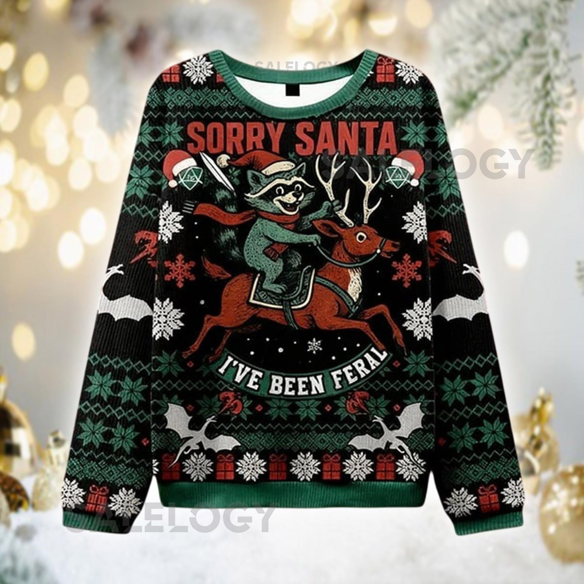 Sorry Santa I've Been Feral Ugly Christmas Sweater Raccoon Reindeer Funny Xmas Wild Animal Holiday Crewneck