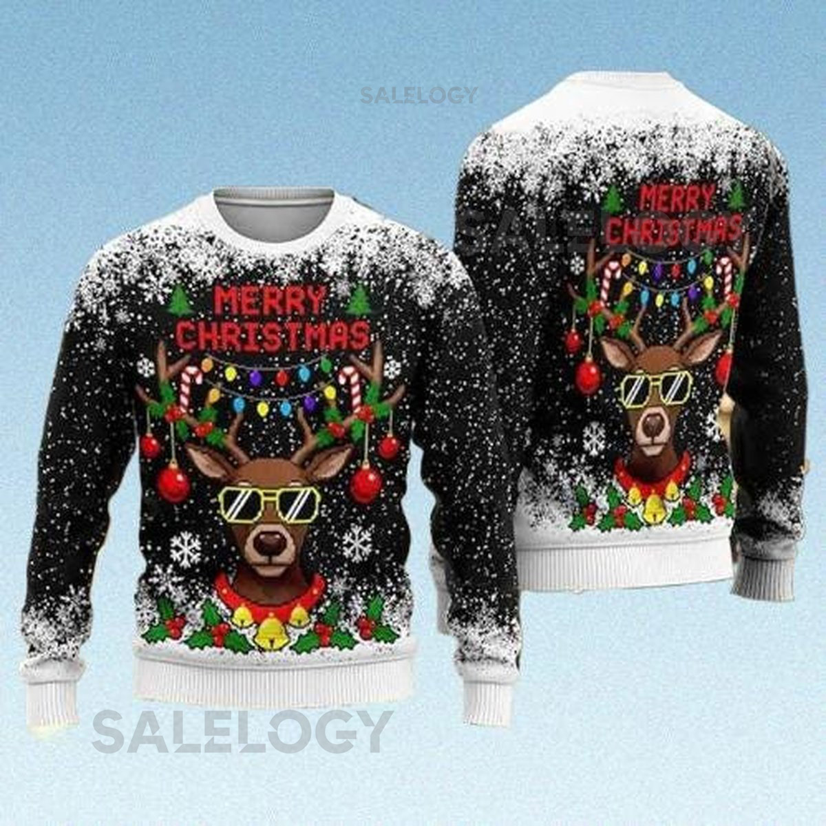 Cool Reindeer Ugly Christmas Sweater Funny Light-Up Holiday Jumper with Shades Antlers Festive Xmas Outfit Gift 2025