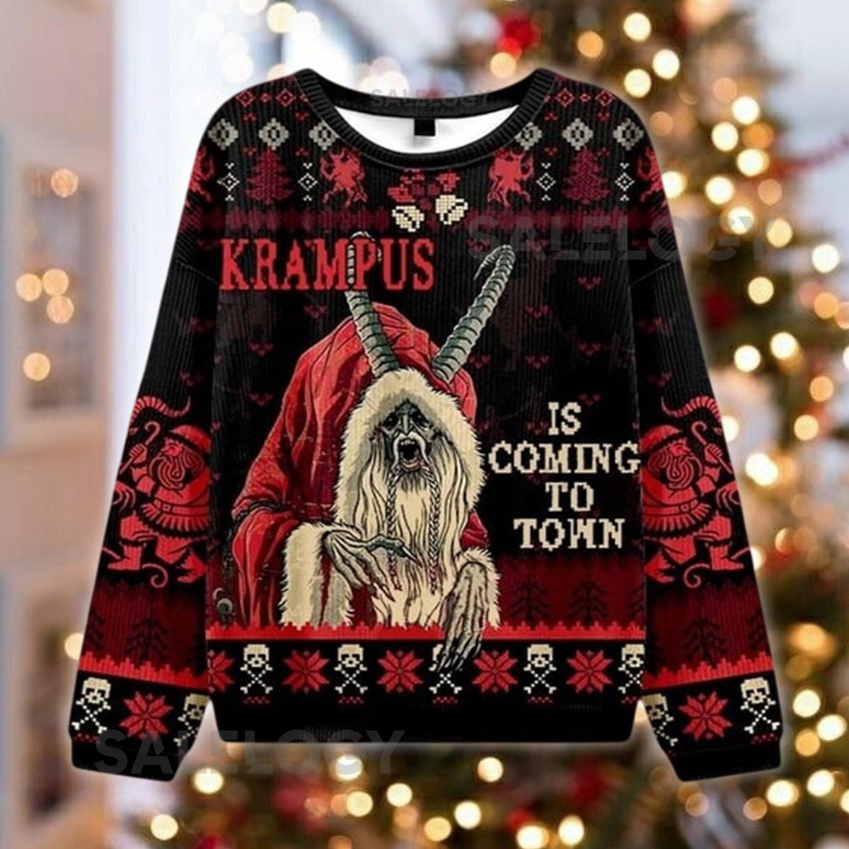 Krampus Is Coming To Town Ugly Christmas Sweater Horror Xmas Gothic Holiday Jumper Folklore Monster Apparel Scary Xmas