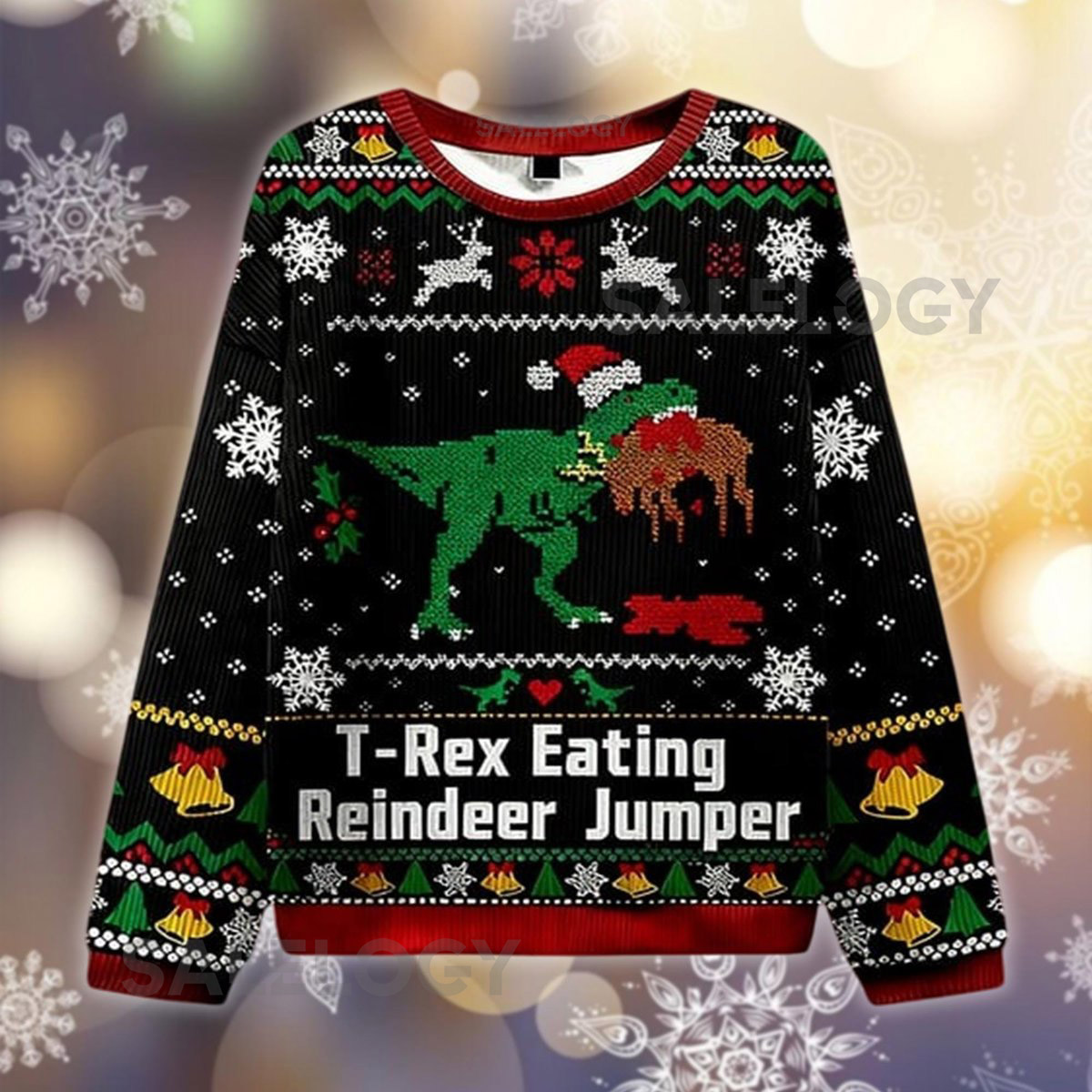 T-Rex Eating Reindeer Ugly Christmas Sweater Funny Dinosaur Xmas Jumper Quirky Holiday  Jurassic Park Apparel Dino Xmas