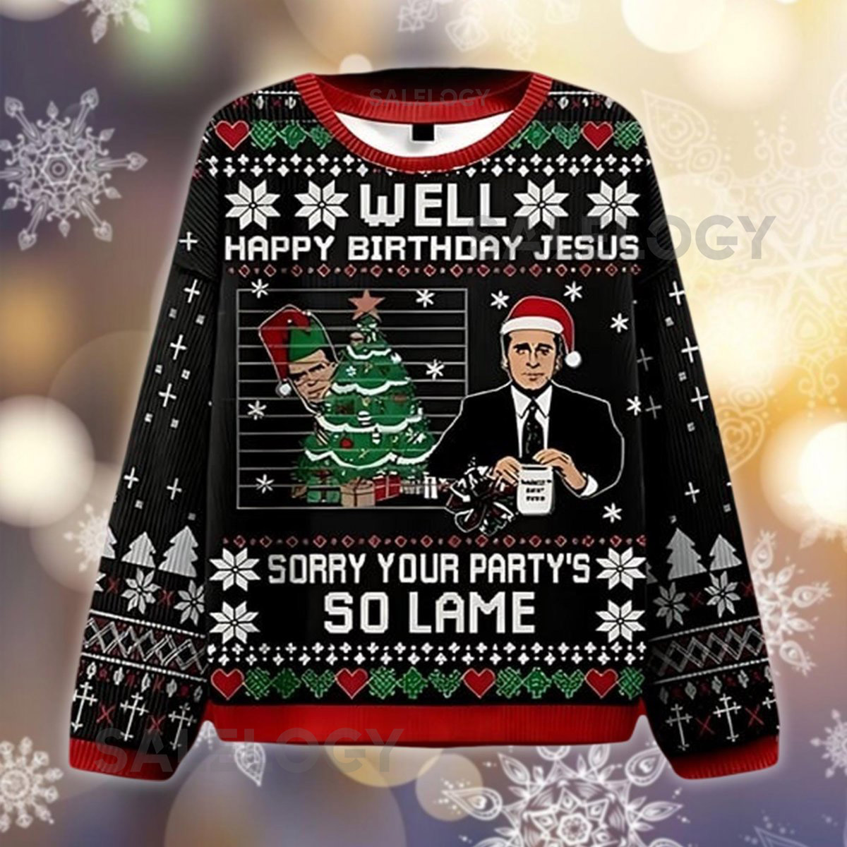 Happy Birthday Jesus Ugly Christmas Sweater The Office Michael Scott Xmas Funny TV Show Jumper Sorry Your Party's So Lame