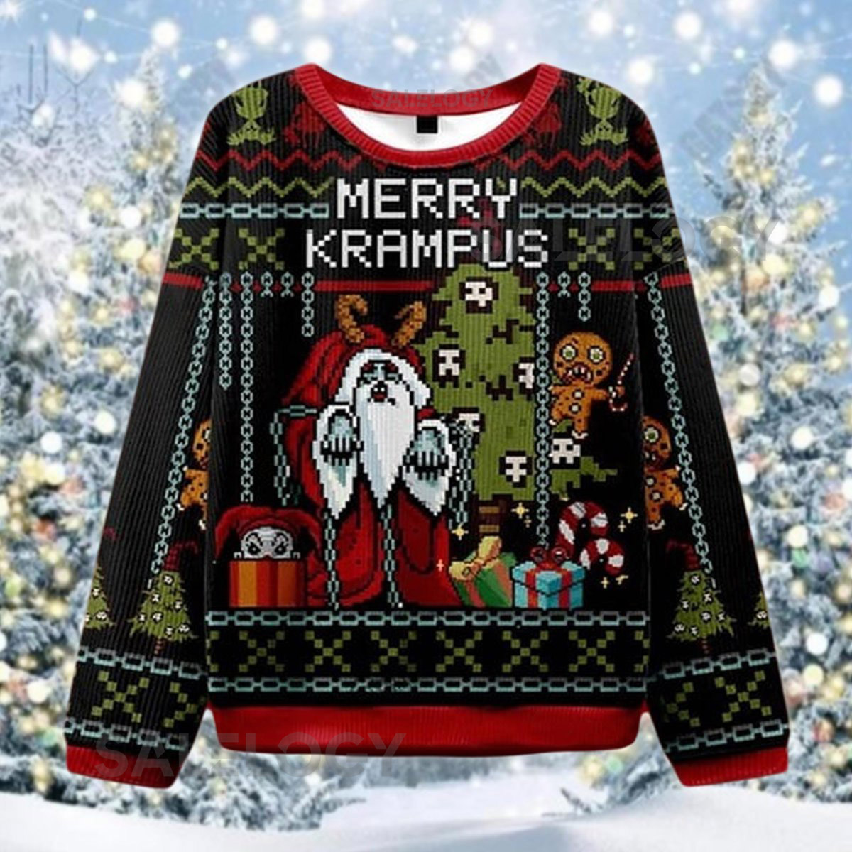 Merry Krampus Ugly Christmas Sweater Funny Horror Xmas  Gothic Holiday Jumper Pixel Art Santa Weird Festive Clothing