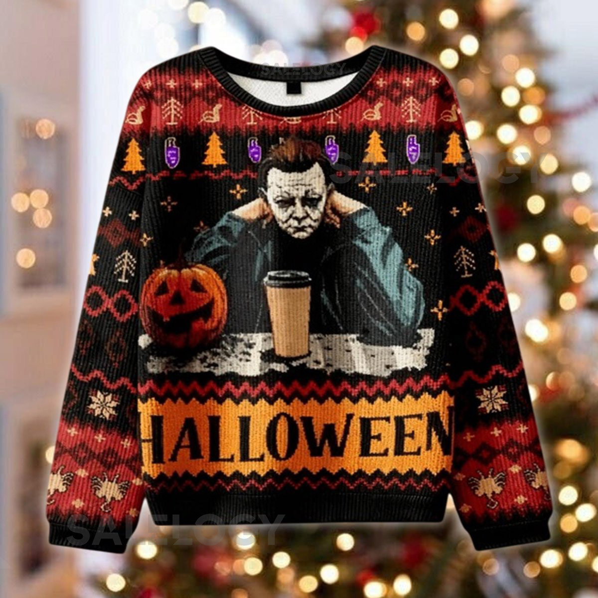 Michael Myers Ugly Christmas Sweater Halloween Movie Xmas  Horror Holiday Jumper Funny Coffee Killer Apparel Scary Xmas