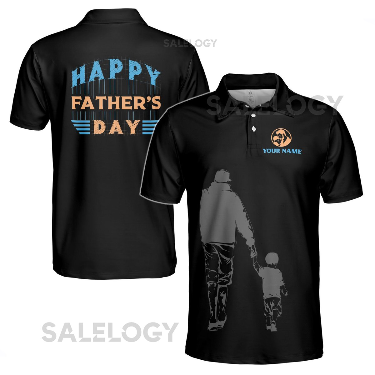 Customize Name Dad Child Hand-holding Black 3D Men39s Polo Shirt S-5XL_264