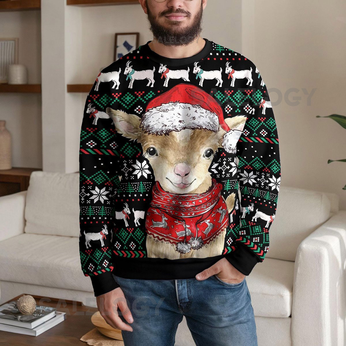Cute Baby Goat Christmas Ugly Sweater Funny Animal Holiday Ugly Sweatshirt Cozy Farm Themed Christmas Jumper Gift for Men Women Winter