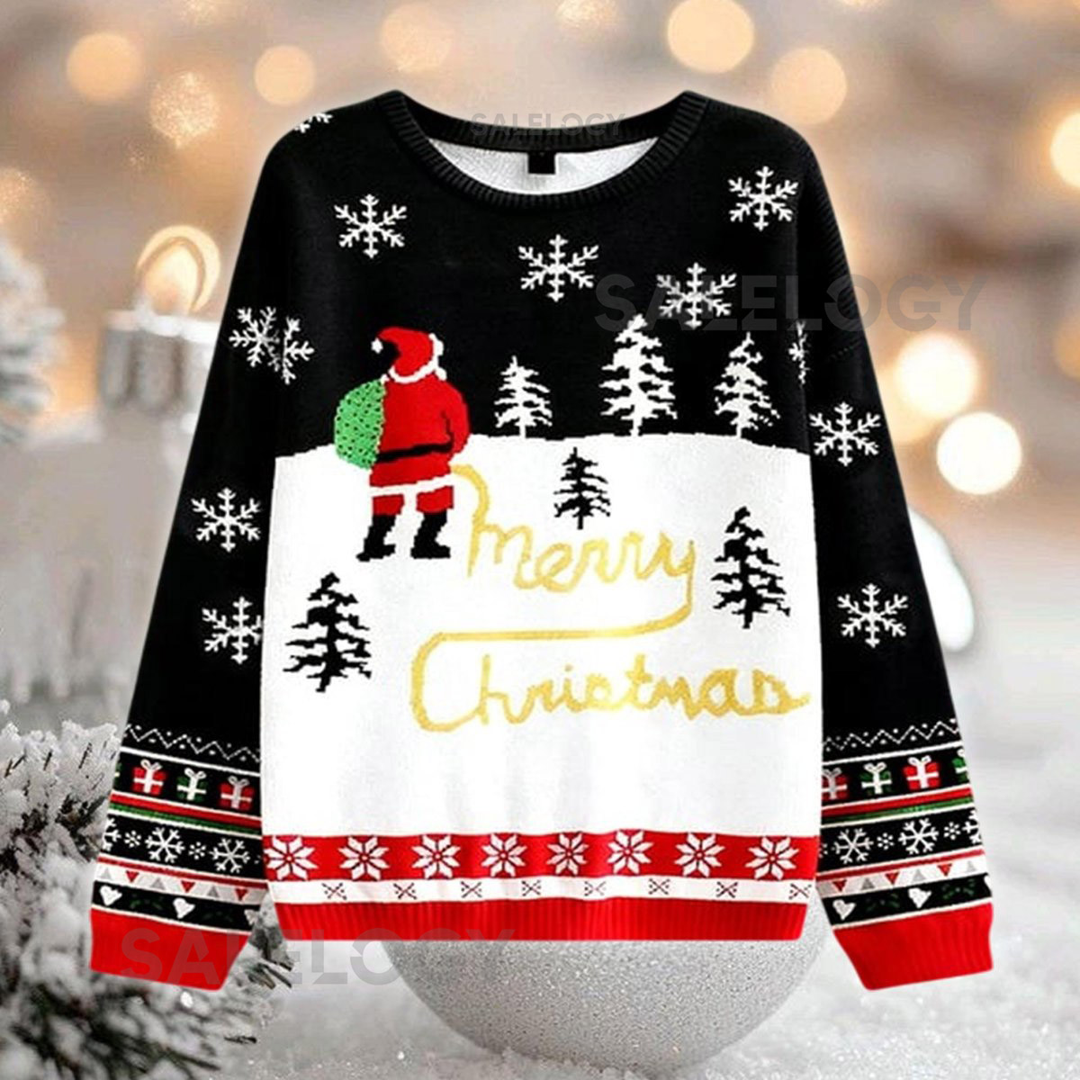 Christmas Jumper with Santa Merry Christmas Tree Sweater Ugly Holiday Party Gift Knitted Pullover Sweatshirt