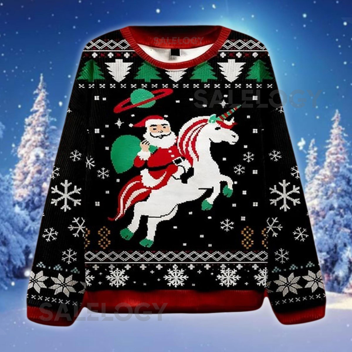 Funny Santa Riding Unicorn Ugly Christmas Sweater Space Fantasy Jumper Unique Xmas Sweatshirt