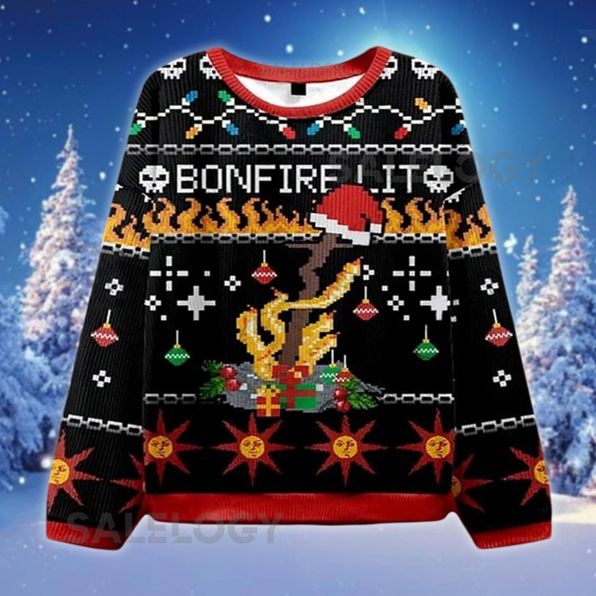 Bonfire Lit Ugly Christmas Sweater Dark Souls Game Jumper Funny Gamer Holiday  Sweatshirt