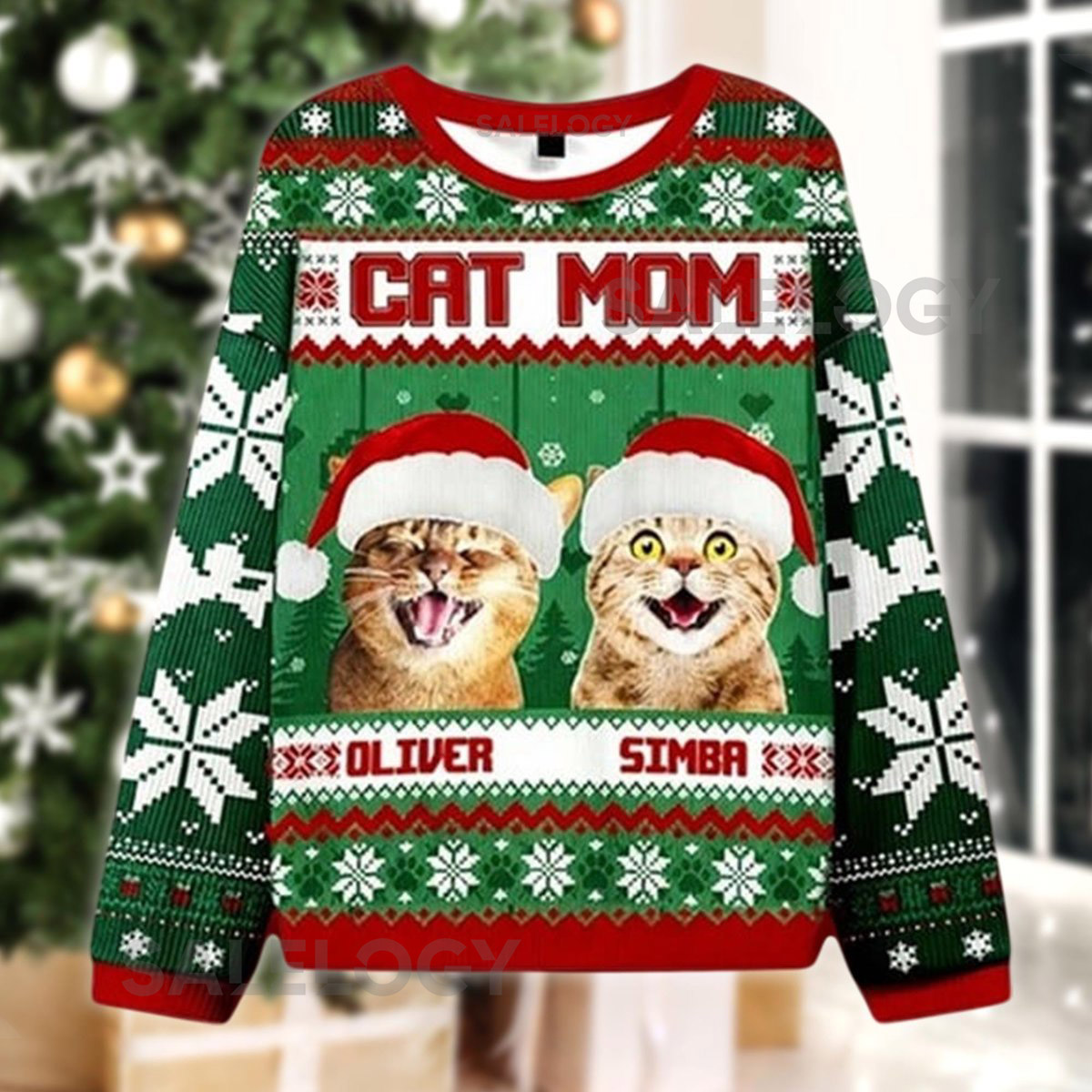 Personalized Cat Mom Ugly Christmas Sweater Custom Photo Kitty Jumper Funny  for Her Xmas Crewneck