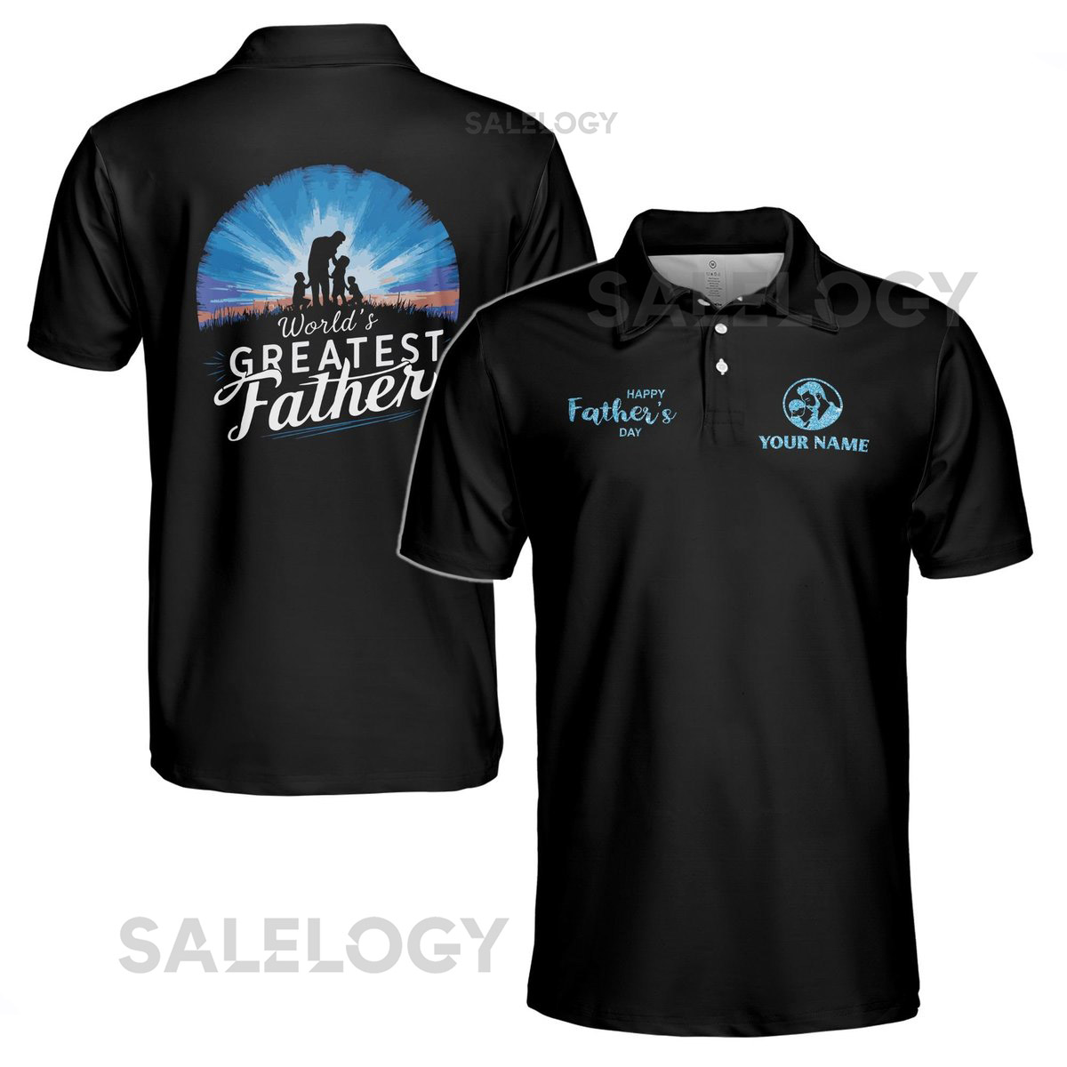 Customize Name Dad Children Landscape Silhouette Black 3D Men39s Polo Shirt S-5XL_268