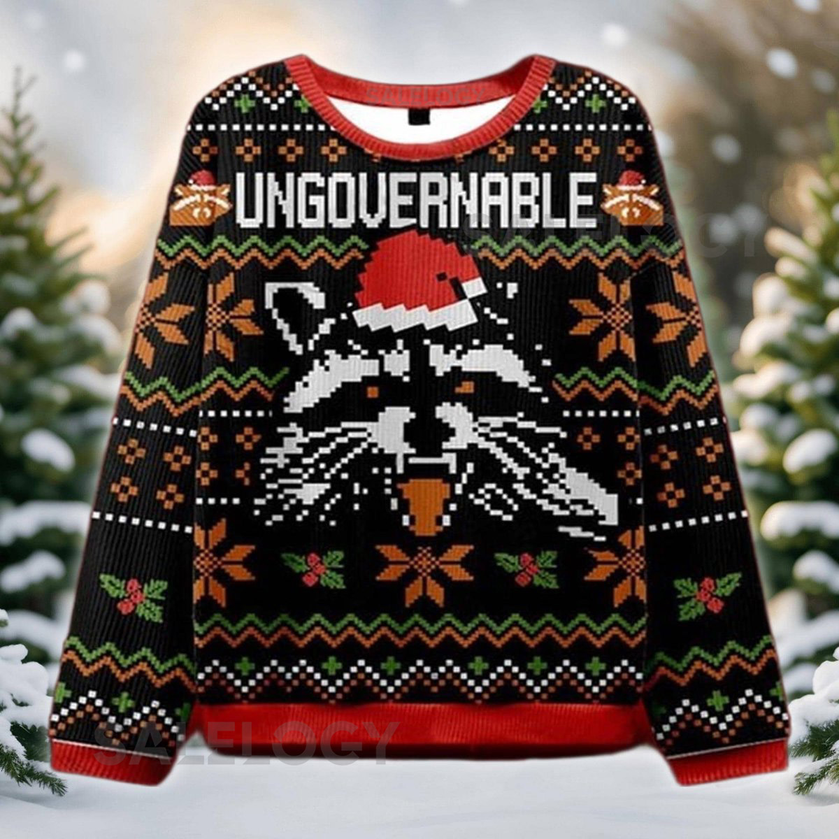 Ungovernable Raccoon Ugly Christmas Sweater Trash Panda Holiday Sweatshirt Funny Xmas Party Crewneck