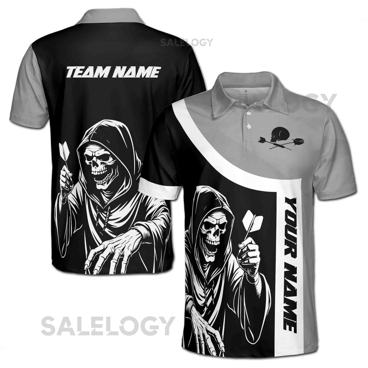 Customize Name Darts Grim Reaper Skeleton Rose Black Grey 3D Men39s Polo Shirt S-5XL_279