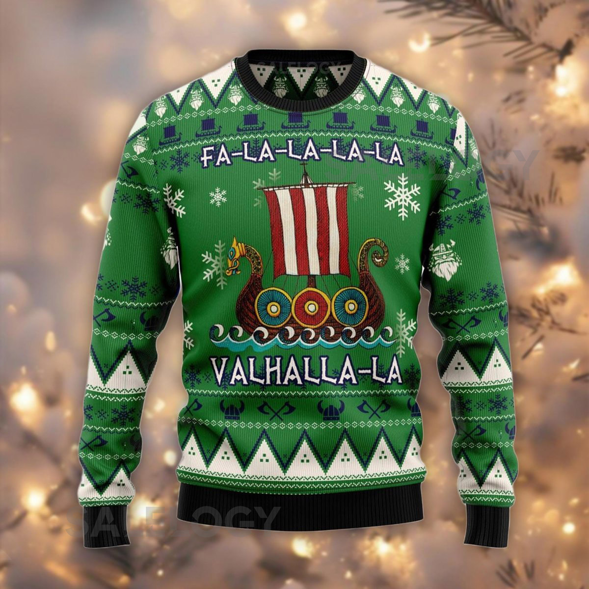 Valhalla-La Ugly Christmas Sweater Fa La La Viking Jumper Norse Mythology Funny Viking Ship Top