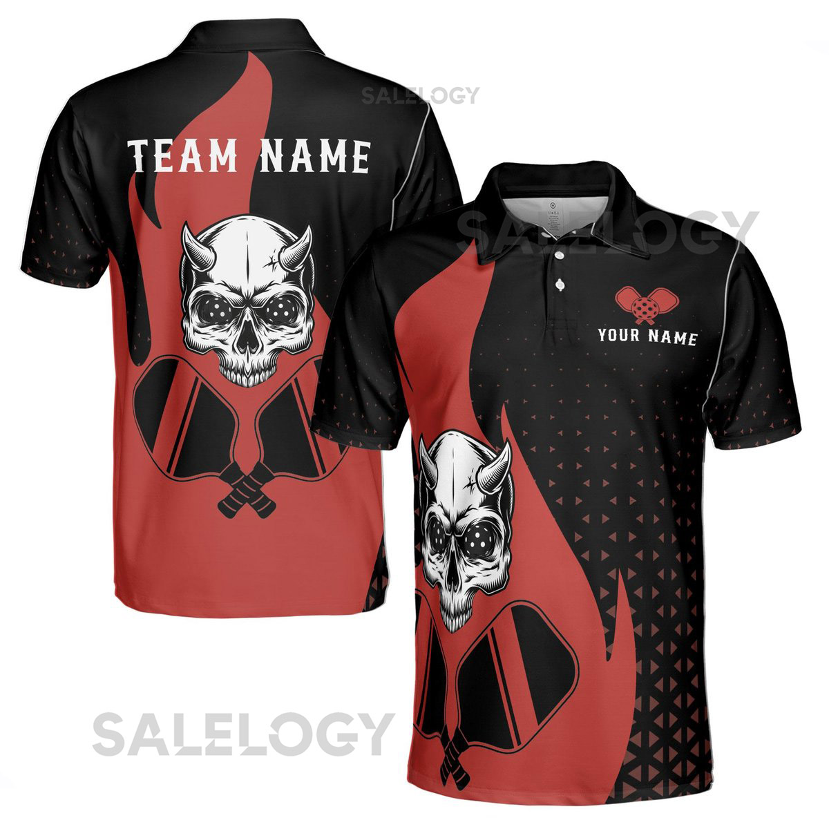 Customize Name Pickleball Paddle Flaming Horned Skull Black Red 3D Men39s Polo Shirt S-5XL_354