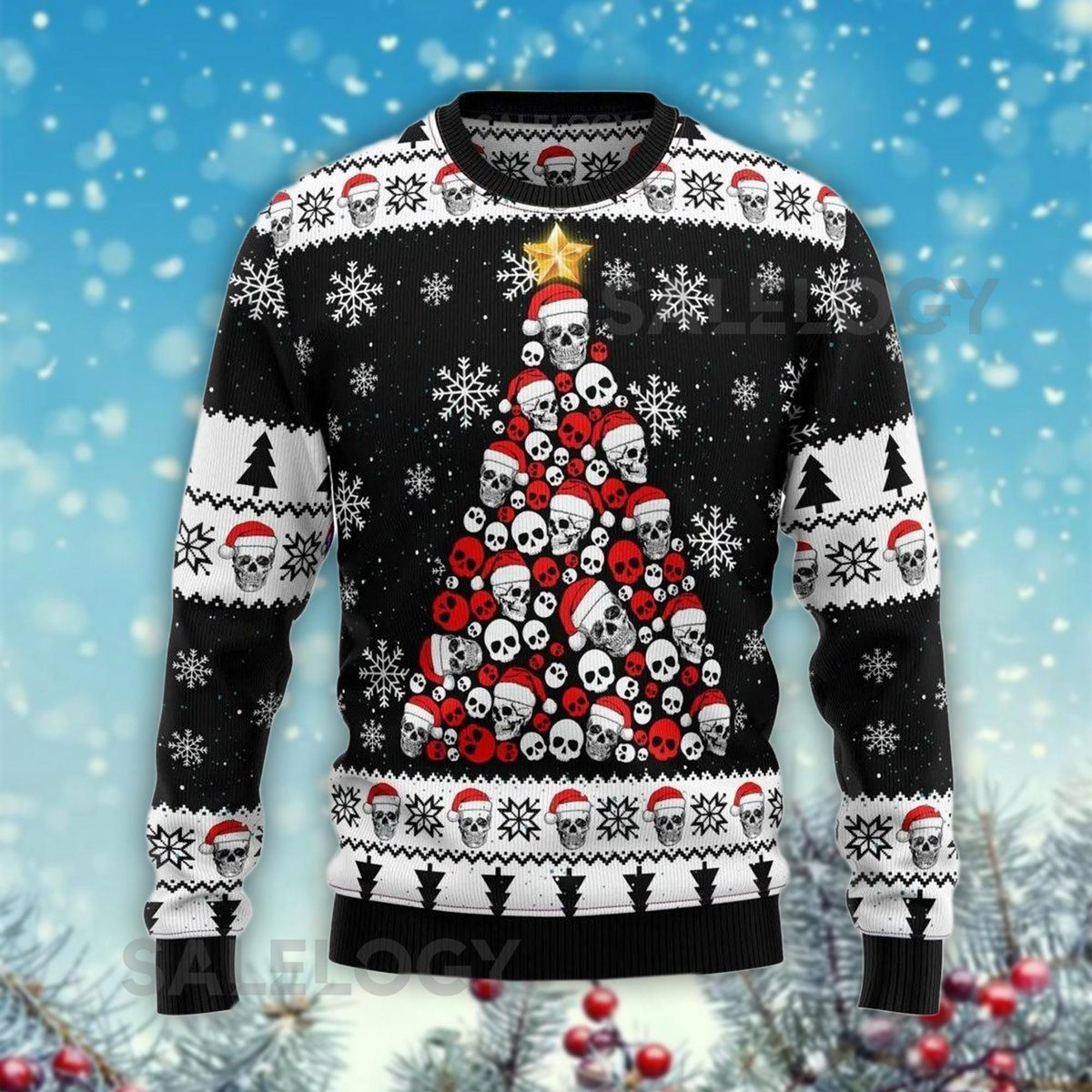 Skull Christmas Tree Ugly Sweater Gothic Holiday Jumper Heavy Metal Xmas Rock Fan Apparel