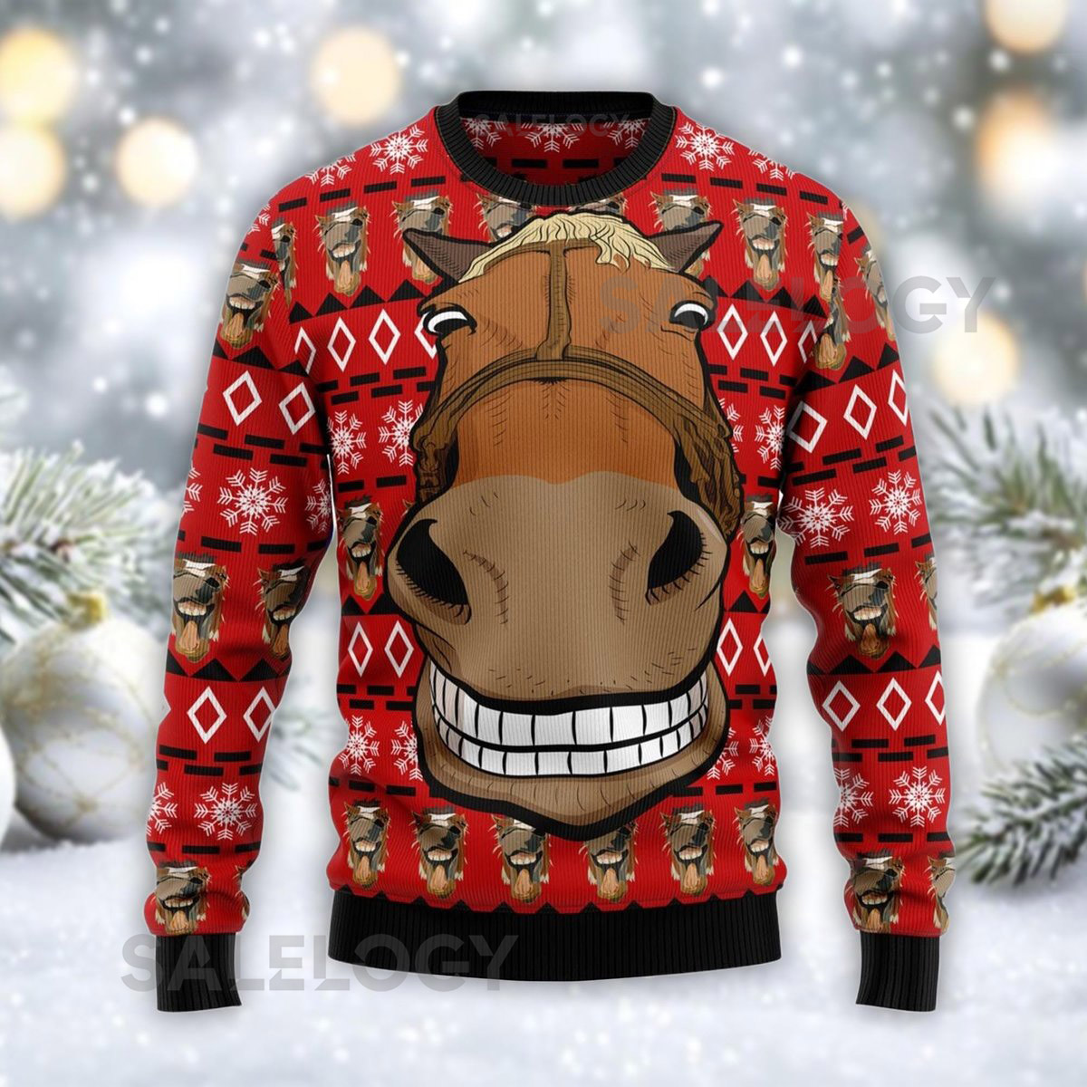 Funny Horse Face Ugly Christmas Sweater Hilarious Red Holiday Jumper Equestrian Lover Idea Festive Xmas Party Sweater