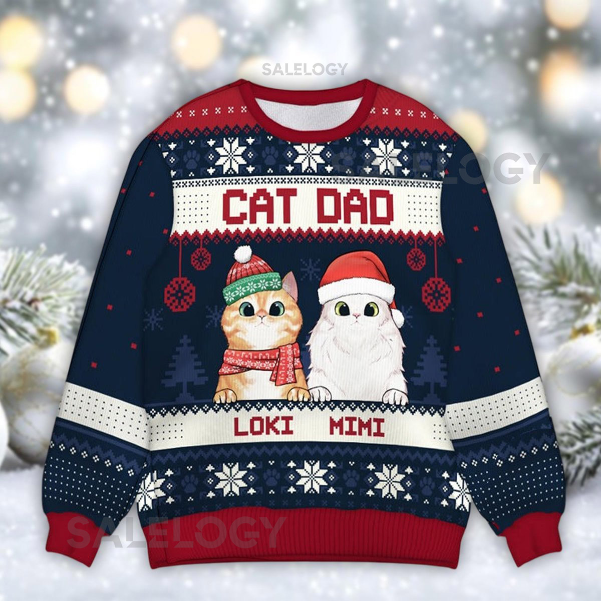 Personalized Cat Dad Ugly Christmas Sweater Custom Pet Names Jumper Funny Cat Lover