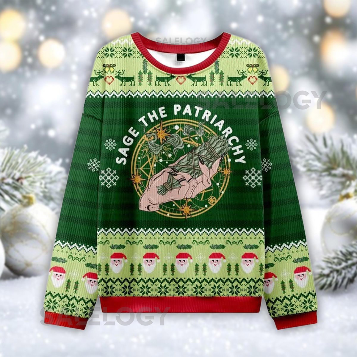 Sage The Patriarchy Ugly Christmas Sweater Funny Feminist Jumper Green Holiday Pullover Activist