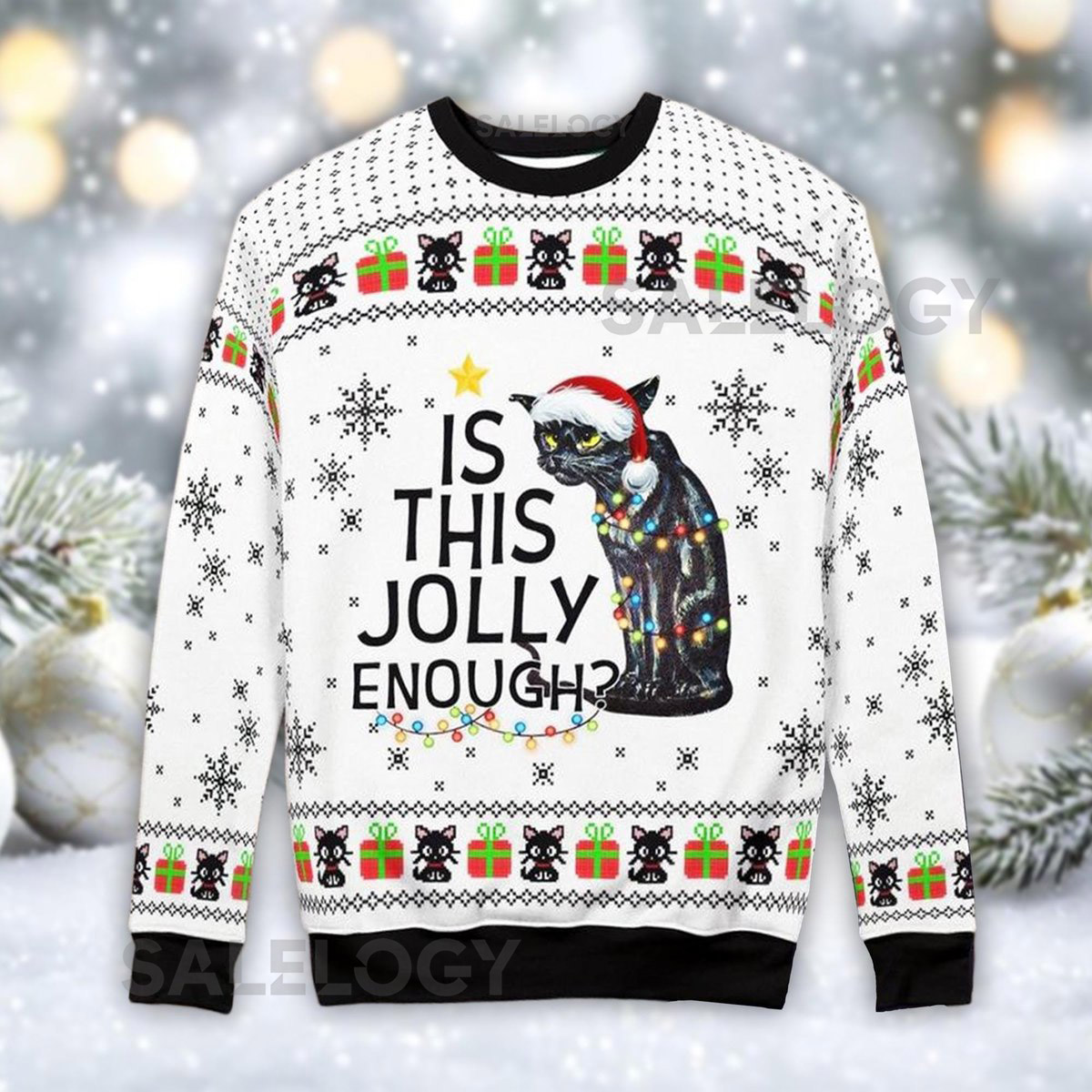 Is This Jolly Enough Cat Ugly Christmas Sweater Funny Black Cat Jumper Anti-Christmas
