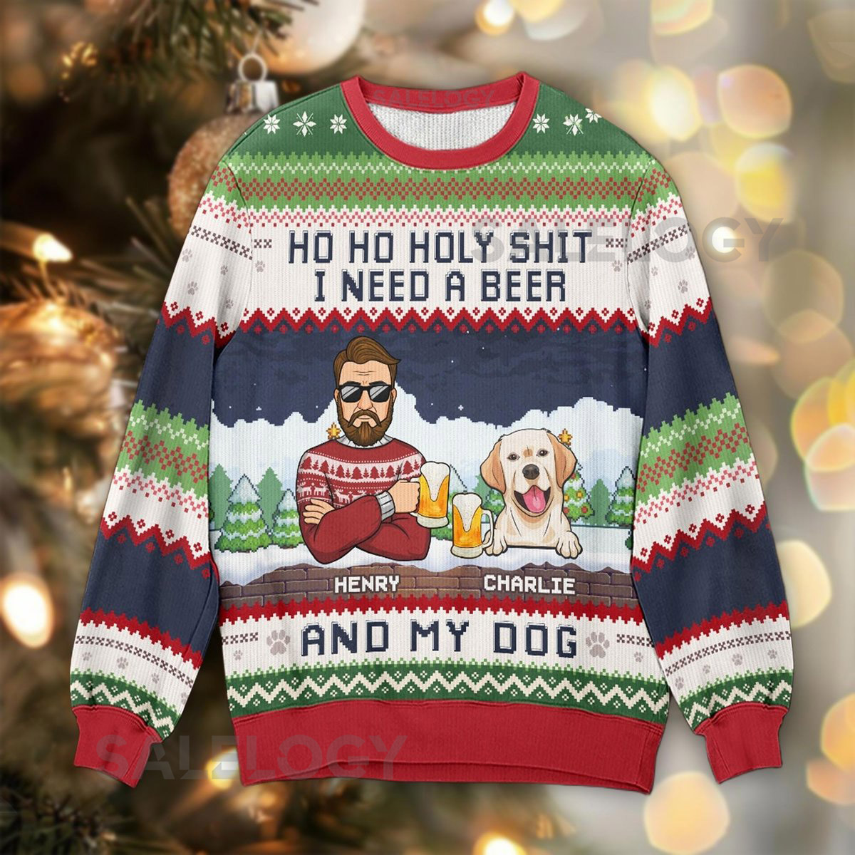 Personalized Ho Ho Holy Shit I Need A Beer Ugly Sweater Custom Dog Dad Christmas Jumper Funny