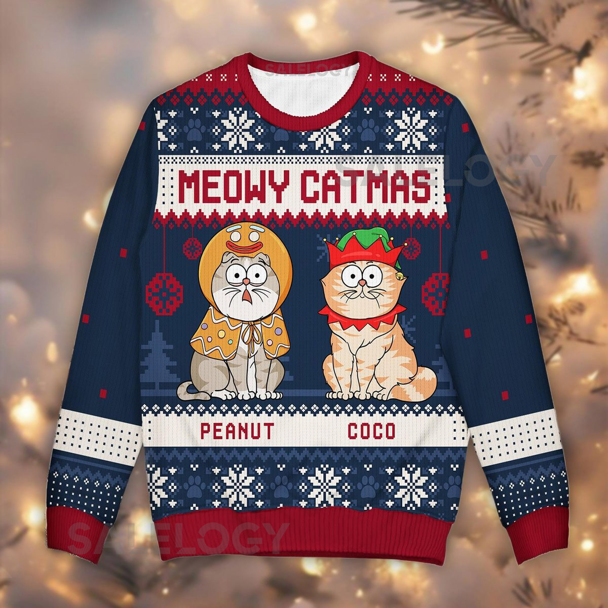 Personalized Meowy Catmas Ugly Christmas Sweater Custom Pet Names Jumper Funny Cat Lover