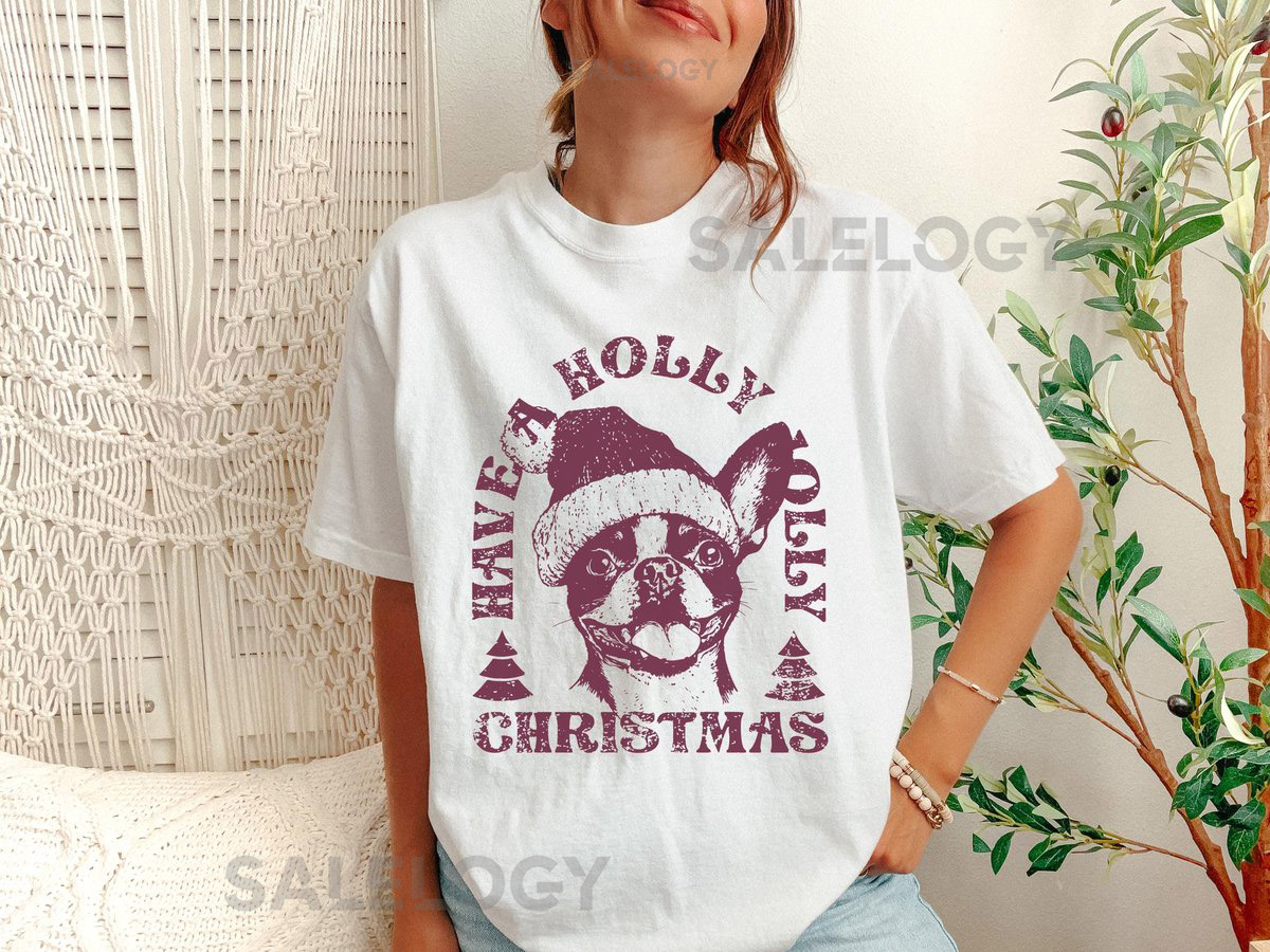 Christmas Boston Terrier Face T-Shirt Xmas Boston Moms or Dads Gift Holiday Tee - Vintage Santa Dog Design_252