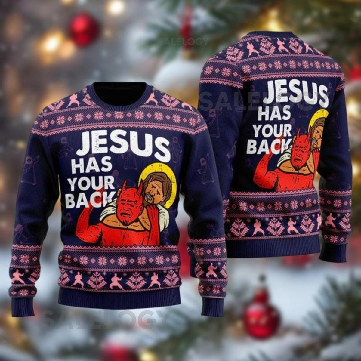 Funny Jesus Christmas Ugly Sweater Jesus Has Your Back Xmas Sweater Joy Christian Ugly Sweatshirt Happy Holiday