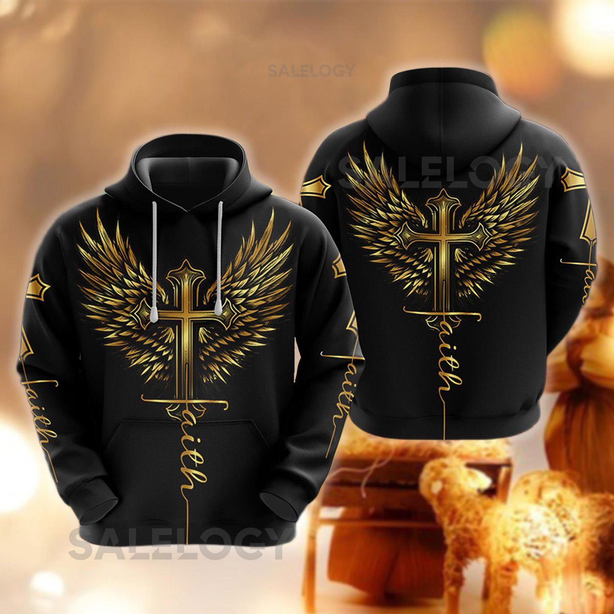 Golden Cross Wing Hoodie Christian Faith Sweatshirt Religious Bible Verse Pullover Jesus God Merch for Him Her Faith Apparel