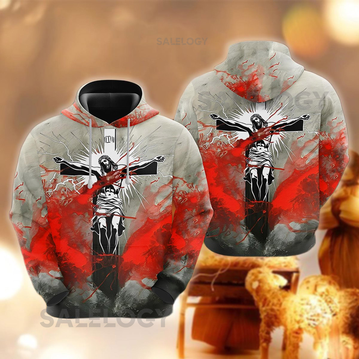 Crucifixion Jesus Hoodie Cross Pullover Sacrifice of Christ  Religious Blood Splatter Sweatshirt Scripture Merch Faith Apparel