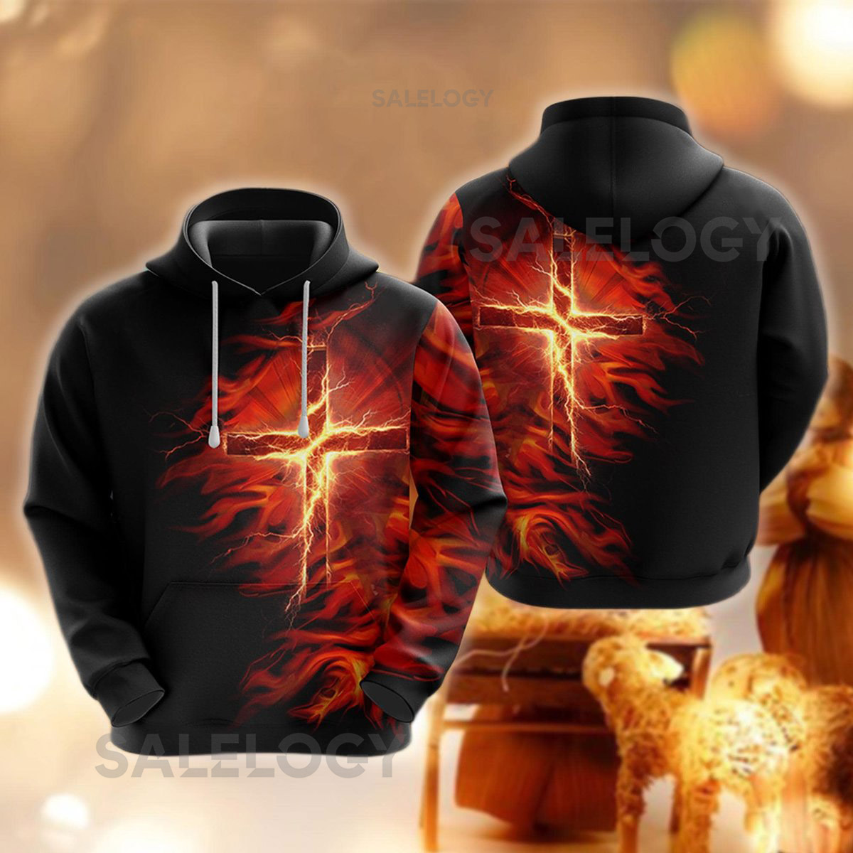 Fiery Cross Hoodie Lightning Faith Sweatshirt Religious Fire Pullover Christian Merch God Power Scripture Bible Verse Apparel