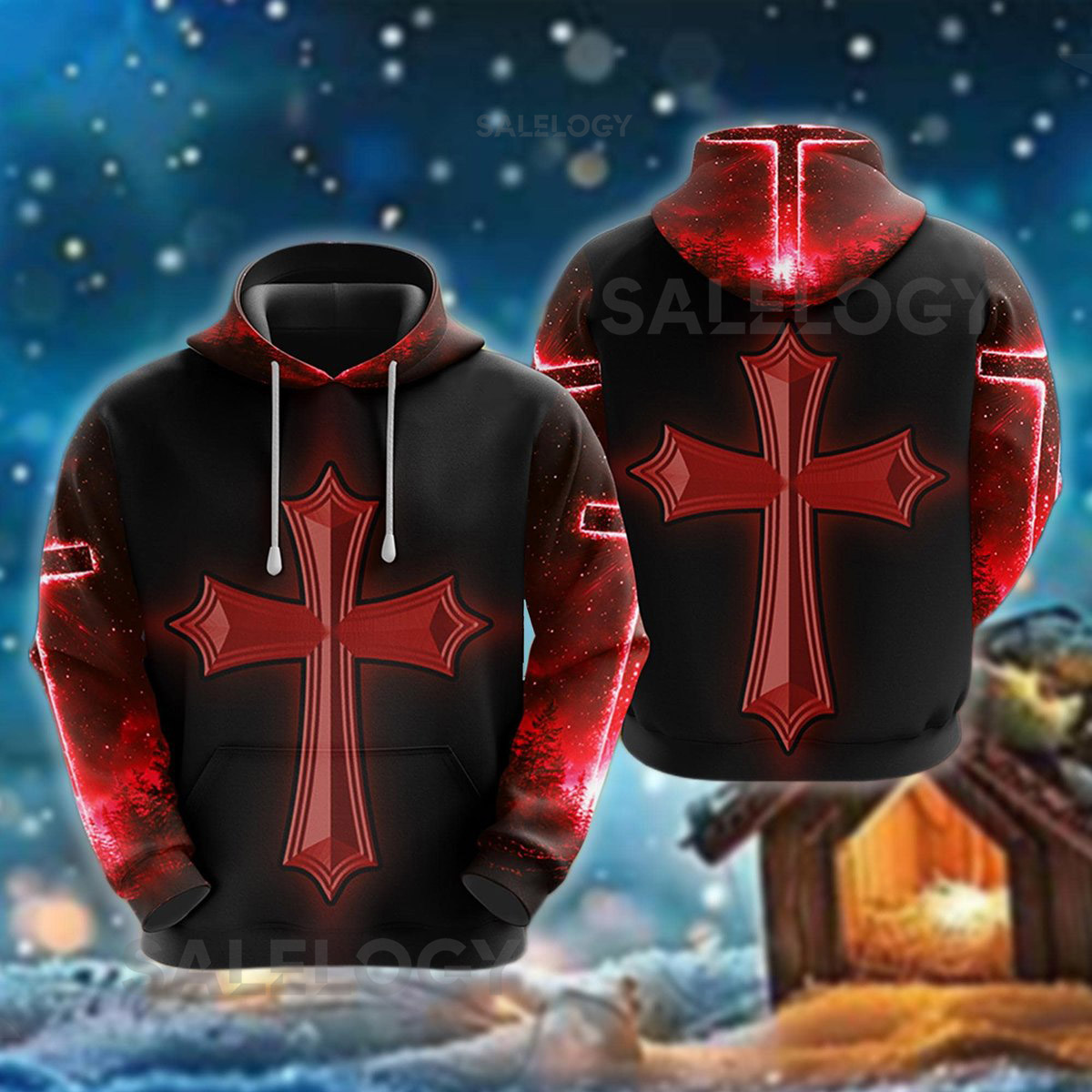 Red Neon Cross Hoodie Christian Glow Pullover Religious  Faith Apparel Black and Red Cross Sweatshirt Christian Merch