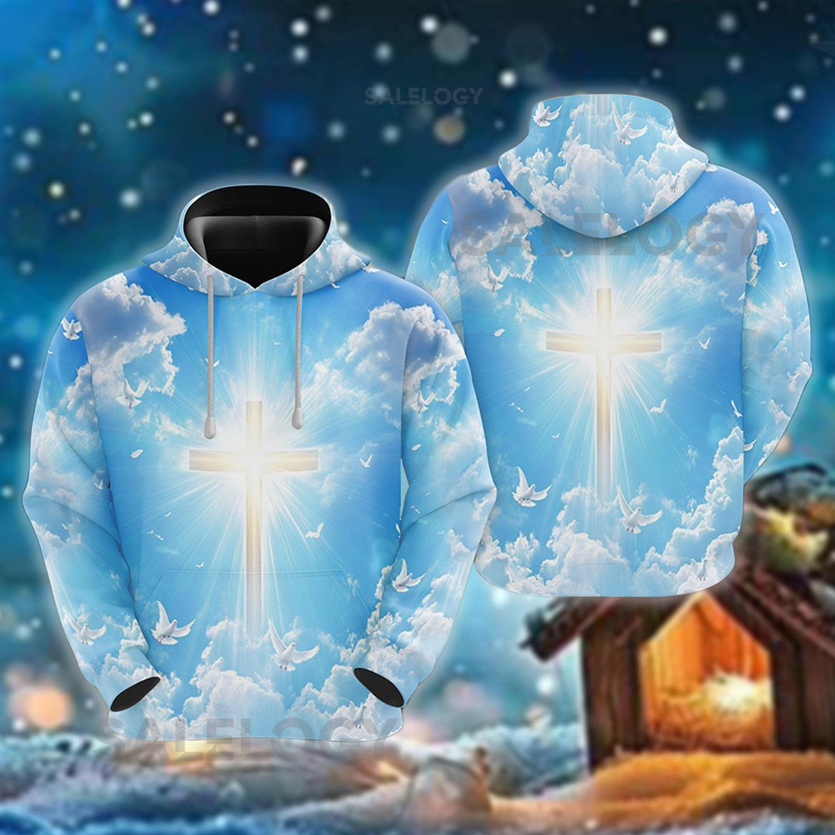 Heavenly Cross Hoodie Cloud Sky Pullover Holy Spirit Doves Sweatshirt Christian Merch Glowing Cross Scripture Faith Apparel