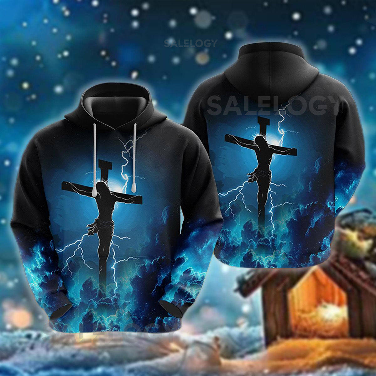 Lightning Cross Hoodie Stormy Jesus Pullover Religious Electric Blue Crucifixion Sweatshirt Christian Merch Faith Apparel