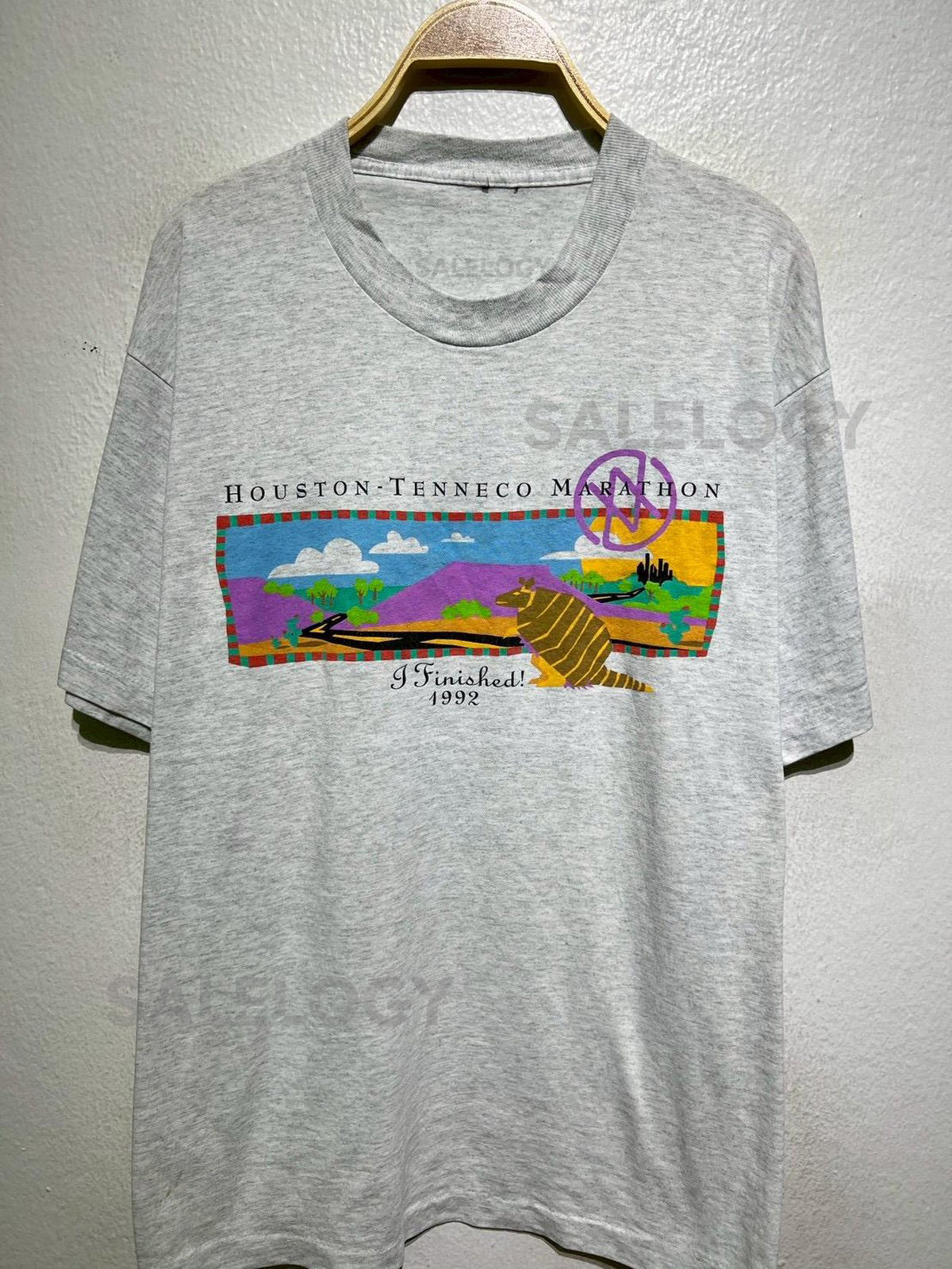 Vintage 1992 Houston Tenneco Marathon T-Shirt Size XL I Finished Finisher Tee Running Race Souvenir Armadillo Texas Art Top Gray US_925