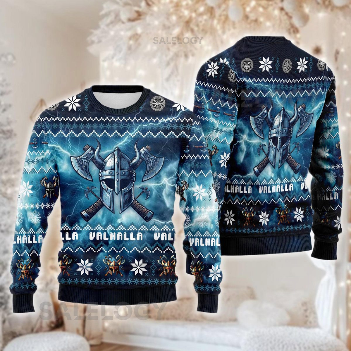 Viking Helmet Axes Ugly Christmas Sweater Valhalla Norse Mythology Xmas Blue Lightning Holiday Sweatshirt Nordic Crewneck