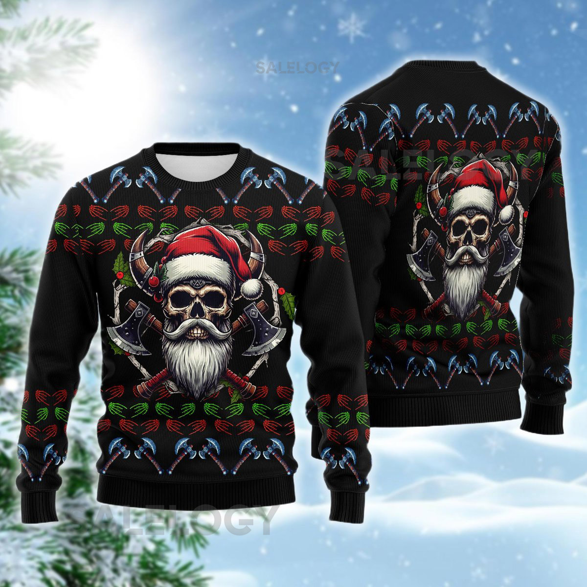 Santa Skull Ugly Christmas Sweater Gothic Axes Xmas Heavy Metal Holiday Sweatshirt Black Beard Skull Crewneck