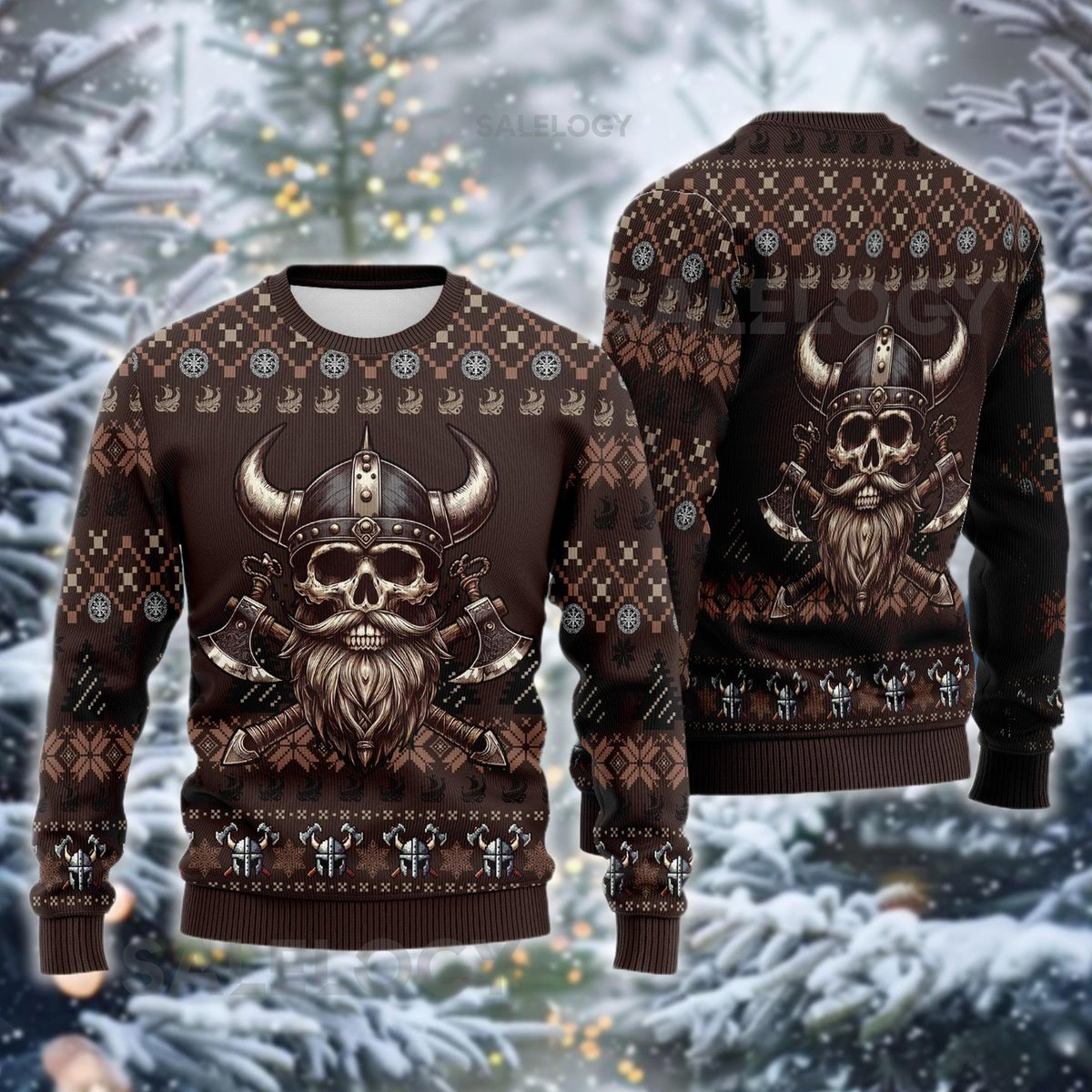 Viking Skull Ugly Christmas Sweater Norse Warrior Jumper Skull Axe Xmas Mythology Holiday Sweatshirt