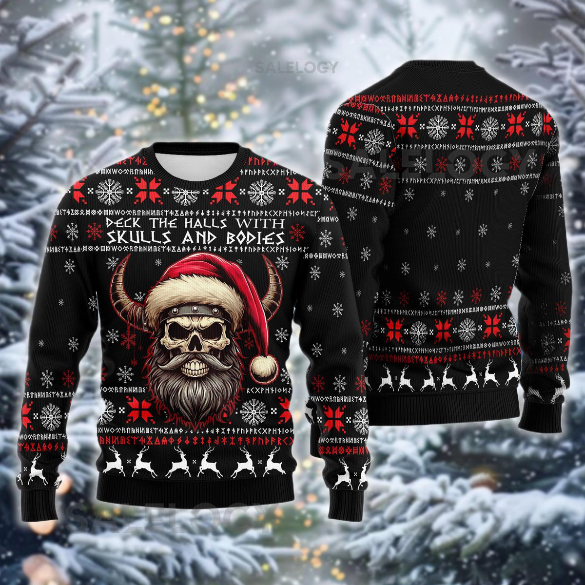 Viking Skull Head Ugly Christmas Sweater Deck the Halls with Skulls Funny Heavy Metal Holiday Party Shirt Unique Xmas